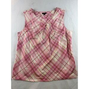 Talbots Silk Sleeveless Top Pink Plaid Pleated Blouse Career Casual M‎